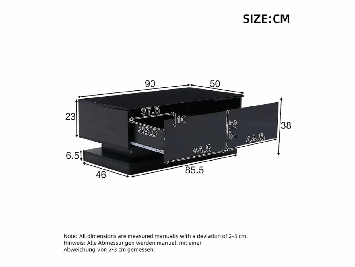 Sale Hauss Spole Mesa de centro rectangular 90x50x38cm con 2 cajones, LED incluido, cuerpo en lacado brillo Negro