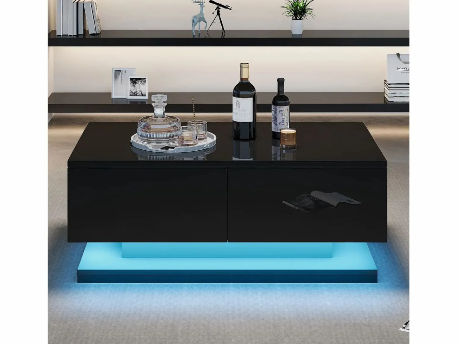 Sale Hauss Spole Mesa de centro rectangular 90x50x38cm con 2 cajones, LED incluido, cuerpo en lacado brillo Negro