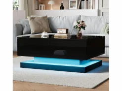 Sale Hauss Spole Mesa de centro rectangular 90x50x38cm con 2 cajones, LED incluido, cuerpo en lacado brillo Negro
