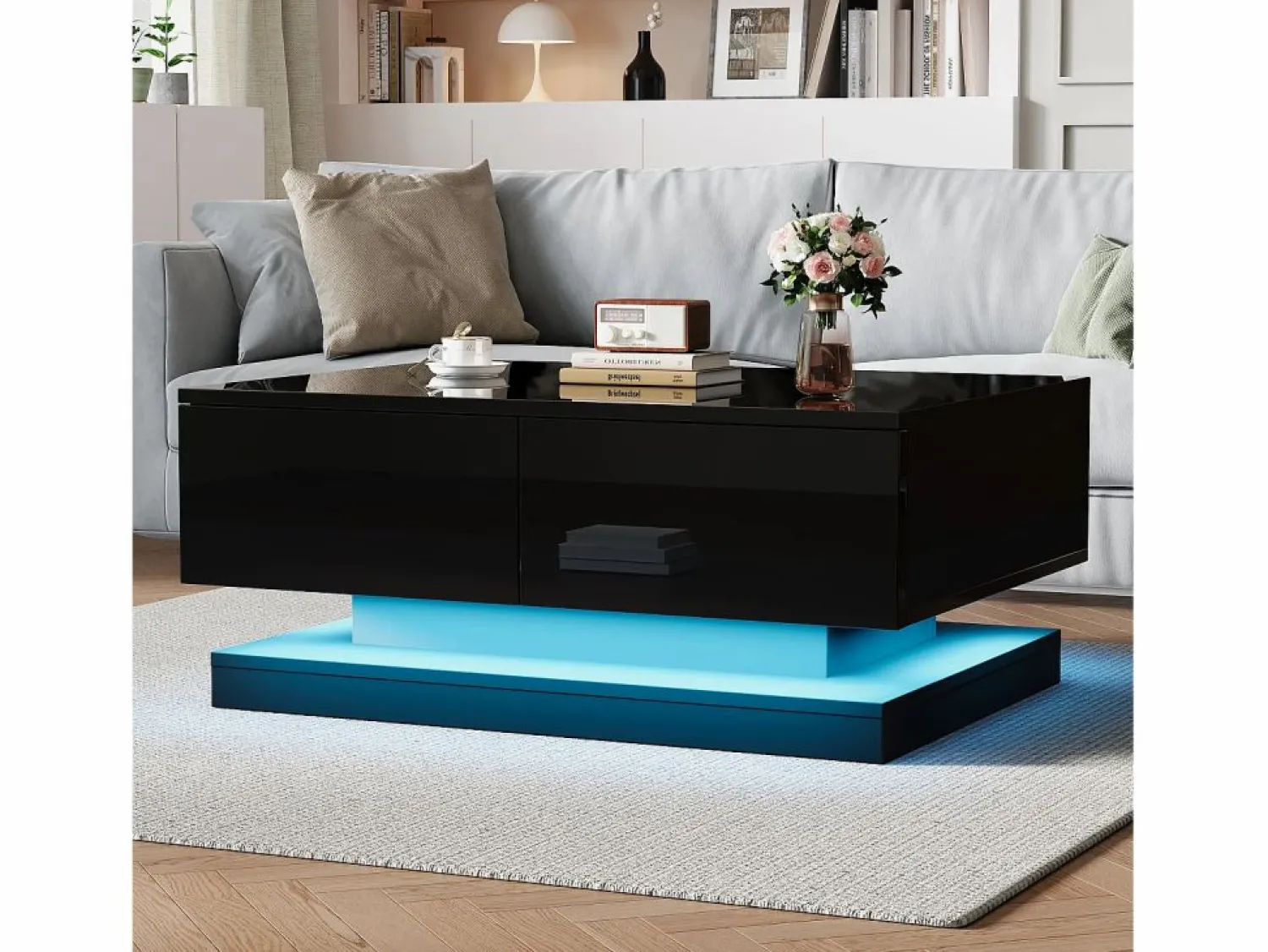 Sale Hauss Spole Mesa de centro rectangular 90x50x38cm con 2 cajones, LED incluido, cuerpo en lacado brillo Negro
