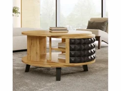 Merax Mesa de centro redonda con estantes de almacenamiento giratorios - 85,2 x 80 x 45,2 cm - Tablero de partículas - Natural + Negro