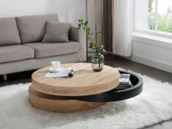 Vente-unique Mesa de centro redonda giratoria con 1 estante de MDF - Negro y natural claro - JANITA