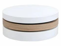 Outlet Mesa de centro redonda y pivotante - 3 tableros - MDF - Color: blanco y roble. JANITA Mesa De Centro
