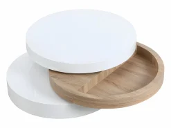 Outlet Mesa de centro redonda y pivotante - 3 tableros - MDF - Color: blanco y roble. JANITA Mesa De Centro