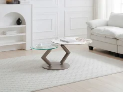Discount Mesa de centro tableros pivotantes de cerámica y vidrio templado - Efecto mármol blanco - ELDOVA Mesa De Centro