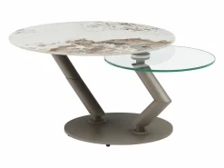 Discount Mesa de centro tableros pivotantes de cerámica y vidrio templado - Efecto mármol blanco - ELDOVA Mesa De Centro