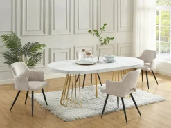 New Mesa de comedor de 2 a 12 comensales de MDF y acero - Efecto mármol blanco y dorado - FIRELA Mesa Extensible|Mesa De Comedor