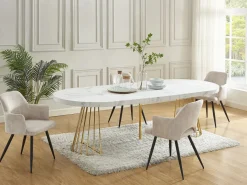 New Mesa de comedor de 2 a 12 comensales de MDF y acero - Efecto mármol blanco y dorado - FIRELA Mesa Extensible|Mesa De Comedor