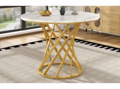 Merax Mesa de comedor de 4 plazas - 80 x 80 x 76 cm - mesa redonda con patas de metal dorado - tablero de MDF jaspeado - MDF + metal -