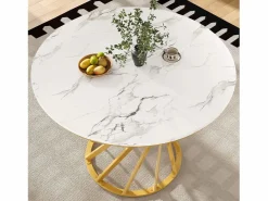 Merax Mesa de comedor de 4 plazas - 80 x 80 x 76 cm - mesa redonda con patas de metal dorado - tablero de MDF jaspeado - MDF + metal -