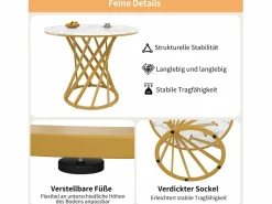 Merax Mesa de comedor de 4 plazas - 80 x 80 x 76 cm - mesa redonda con patas de metal dorado - tablero de MDF jaspeado - MDF + metal -