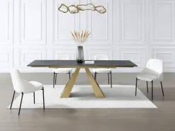 Clearance Mesa de comedor de cristal templado, cerámica y metal - Efecto mármol negro y dorado - LOZIPA Mesa Extensible|Mesa De Comedor