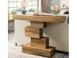 Tribesigns Mesa de comedor de granja de 108 cm, mesa de salón estrecha de madera detrás del sofá con base geométrica
