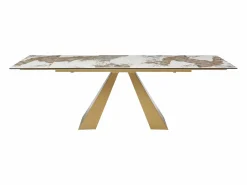 Maison Céphy Mesa de comedor de vidrio templado, cerámica y metal - Efecto mármol blanco y topo - LOZIPA