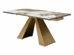Maison Céphy Mesa de comedor de vidrio templado, cerámica y metal - Efecto mármol blanco y topo - LOZIPA