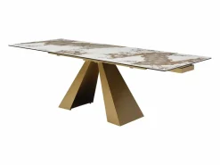 Maison Céphy Mesa de comedor de vidrio templado, cerámica y metal - Efecto mármol blanco y topo - LOZIPA