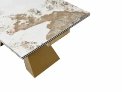 Maison Céphy Mesa de comedor de vidrio templado, cerámica y metal - Efecto mármol blanco y topo - LOZIPA