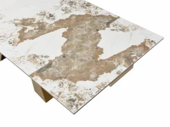 Maison Céphy Mesa de comedor de vidrio templado, cerámica y metal - Efecto mármol blanco y topo - LOZIPA