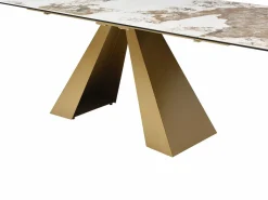 Maison Céphy Mesa de comedor de vidrio templado, cerámica y metal - Efecto mármol blanco y topo - LOZIPA