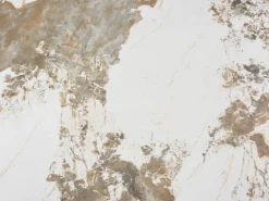 Maison Céphy Mesa de comedor de vidrio templado, cerámica y metal - Efecto mármol blanco y topo - LOZIPA