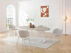 Mesa de comedor extensible para 2 a 12 personas en MDF y acero - Efecto travertino beige y blanco - FIRELA Mesa Extensible
