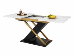 Best Hauss Spole Mesa de comedor extensible para 6-8 personas 160x80cm, tapa chapada en mármol con patas cruzadas de metal dorado Blanco