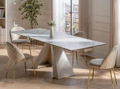 Sale Mesa de comedor extensible de cerámica y metal - Efecto mármol blanco y beige - LOZIPA Mesa Extensible|Mesa De Comedor