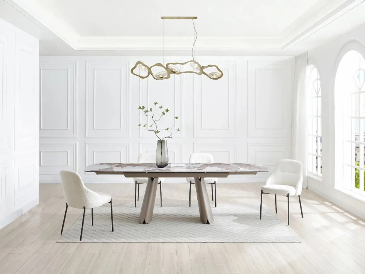 Sale Mesa de comedor extensible para 6 a 10 personas en cerámica, cristal templado y metal bronce - Efecto mármol blanco y gris - FARUDI de Maison Céphy Mesa Extensible|Mesa De Comedor