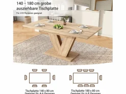 Merax Mesa de comedor extensible - 140/180 x 80 x 75,5 cm - para 4 a 6 personas - Patas en forma de V - estilo minimalista - MDF - natural