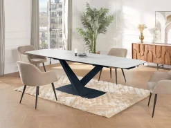Hot Mesa de comedor extensible de cerámica y metal - Efecto mármol blanco y negro - MALATA Mesa Extensible|Mesa De Comedor