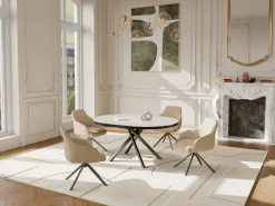Best Mesa de comedor extensible para 4 a 6 personas en cerámica, MDF y metal - Efecto mármol blanco y bronce - FEROLA Mesa Extensible|Mesa De Comedor
