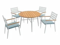 Discount MYLIA Mesa de comedor jardín madera aluminio 4 sillas una mesa - Blanco y natural - MIAMI Color natural claro / Blanco