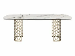 Online Mesa de comedor para 8 comensales de vidrio templado y cerámica - Efecto mármol blanco y dorado - GOLDENA Mesa De Comedor