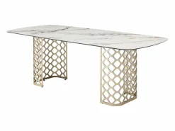 Online Mesa de comedor para 8 comensales de vidrio templado y cerámica - Efecto mármol blanco y dorado - GOLDENA Mesa De Comedor