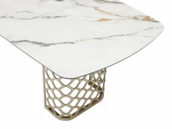 Online Mesa de comedor para 8 comensales de vidrio templado y cerámica - Efecto mármol blanco y dorado - GOLDENA Mesa De Comedor