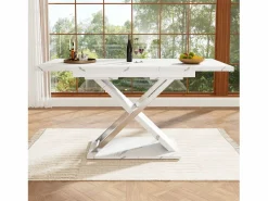 Hauss Spole Mesa de comedor rectangular extensible para 4-6 personas, tapa chapada en mármol con patas en forma de X - 118/157x75x76,4cm
