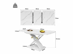 Hauss Spole Mesa de comedor rectangular extensible para 4-6 personas, tapa chapada en mármol con patas en forma de X - 118/157x75x76,4cm