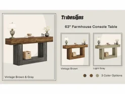 Mesa de consola 160 cm, mesa de entrada de 2 niveles estilo casco rural, mesa de sofá detrás del sofá, color Consola