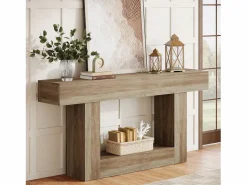 Mesa de consola 160 cm, mesa de entrada de 2 niveles estilo casco rural, mesa de sofá detrás del sofá, color Consola