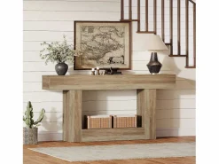Mesa de consola 160 cm, mesa de entrada de 2 niveles estilo casco rural, mesa de sofá detrás del sofá, color Consola