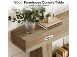 Mesa de consola 160 cm, mesa de entrada de 2 niveles estilo casco rural, mesa de sofá detrás del sofá, color Consola