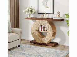 New Tribesigns Mesa de consola de 100 cm con almacenamiento - Mesa de entrada de madera para el salón, con estanterías y base circular Marru00f3n