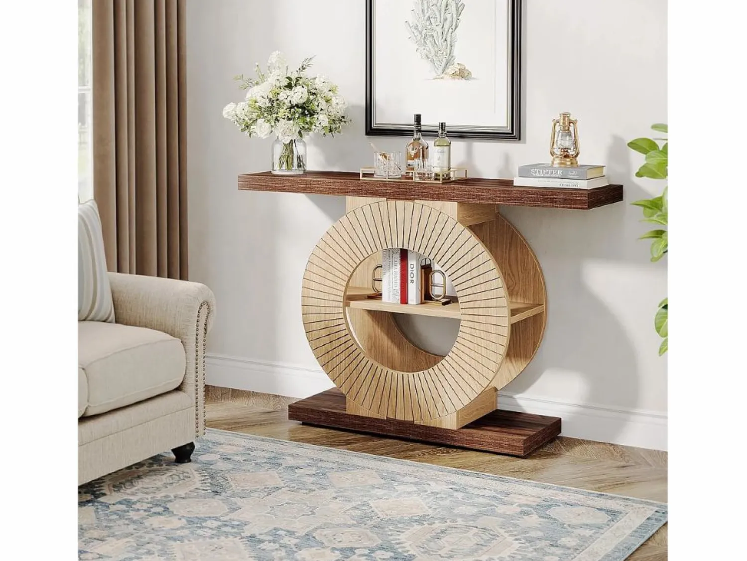 New Tribesigns Mesa de consola de 100 cm con almacenamiento - Mesa de entrada de madera para el salón, con estanterías y base circular Marru00f3n