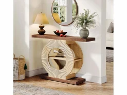 New Tribesigns Mesa de consola de 100 cm con almacenamiento - Mesa de entrada de madera para el salón, con estanterías y base circular Marru00f3n
