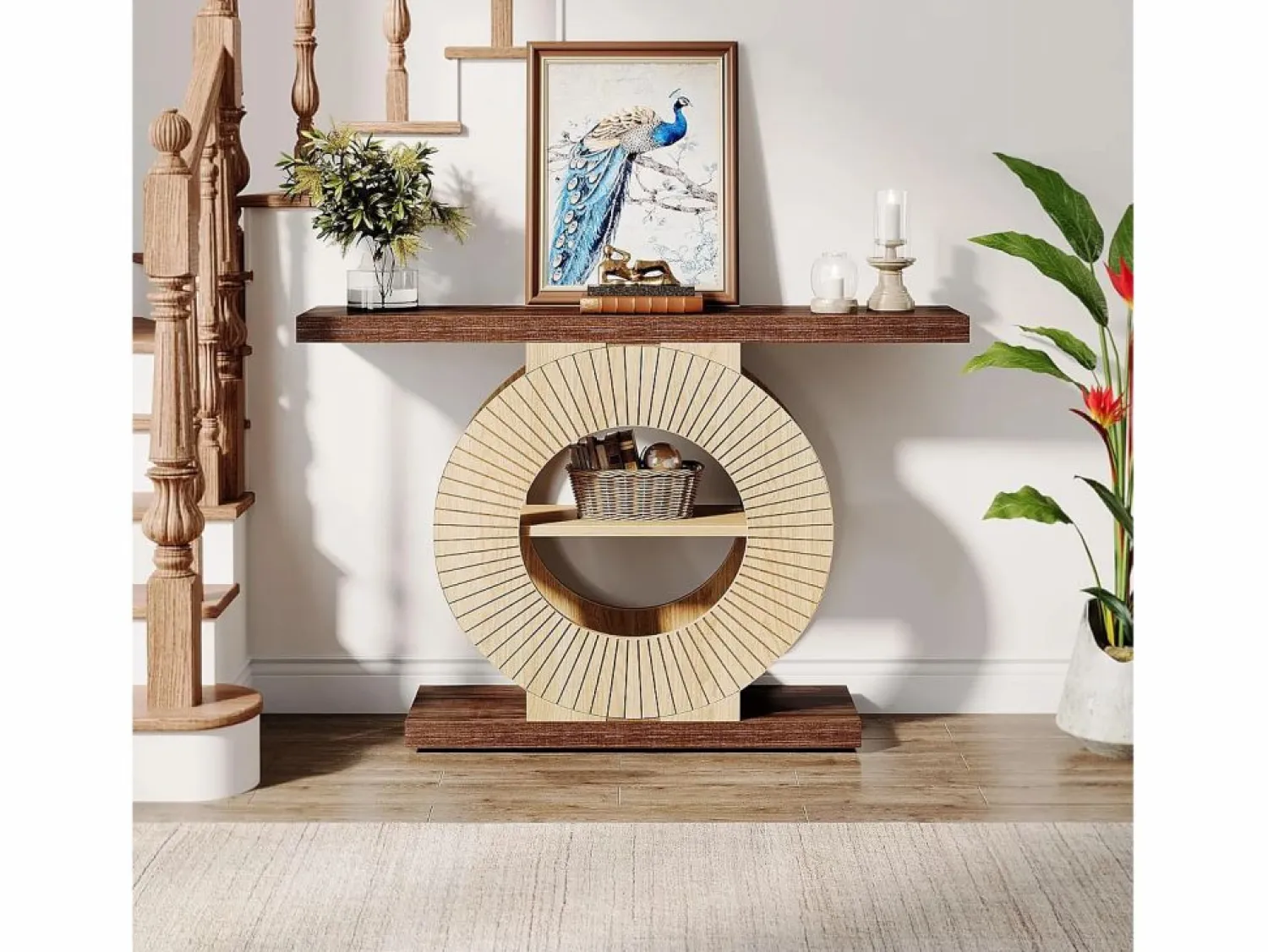 New Tribesigns Mesa de consola de 100 cm con almacenamiento - Mesa de entrada de madera para el salón, con estanterías y base circular Marru00f3n