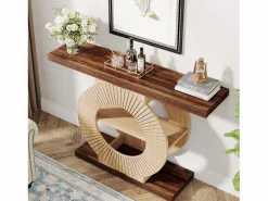 New Tribesigns Mesa de consola de 100 cm con almacenamiento - Mesa de entrada de madera para el salón, con estanterías y base circular Marru00f3n