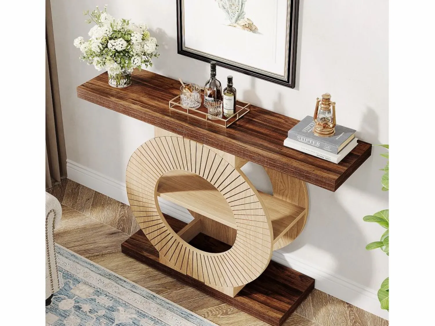 New Tribesigns Mesa de consola de 100 cm con almacenamiento - Mesa de entrada de madera para el salón, con estanterías y base circular Marru00f3n
