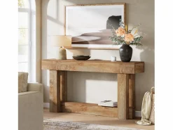 Hot Tribesigns Mesa de consola de 160 cm, mesa de entrada de dos niveles, mesa auxiliar rectangular de madera detrás del sofá Marru00f3n