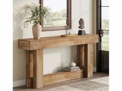 Hot Tribesigns Mesa de consola de 160 cm, mesa de entrada de dos niveles, mesa auxiliar rectangular de madera detrás del sofá Marru00f3n