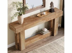 Hot Tribesigns Mesa de consola de 160 cm, mesa de entrada de dos niveles, mesa auxiliar rectangular de madera detrás del sofá Marru00f3n